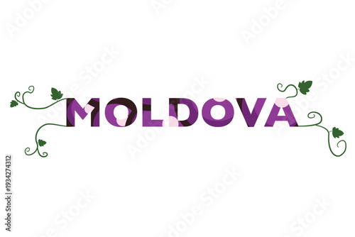 Name of the country, the word "Moldova" in shades of purple, black and pale pink as if an apple grape had been placed underneath. Vine branches come out of the word. Logotype. Vector.