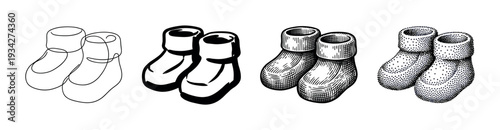 Four pairs of baby booties illustrated in various black and white artistic styles, showcasing different drawing techniques.