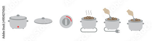 Rice cooker cooking process steps illustration showing preparation, steaming, and serving delicious hot grains.