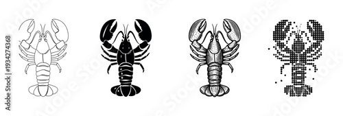 Four different lobster illustrations showcase various artistic styles including outline, silhouette, engraving, and pixel art.