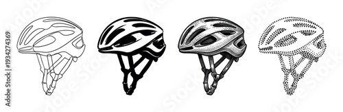 Four different bicycle helmets rendered in various artistic styles, showcasing diverse graphic design techniques for safety gear.