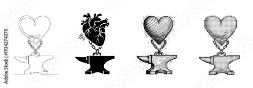 Hearts and anvils chained together in various artistic styles illustrating concepts of love, strength, and resilience.