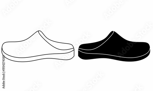 Side view slip-on clog shoe or slide shoe,in outline and silhouette, minimal footwear icon isolated on white background.for footwear catalogs, fashion graphics.vector illustration icon set