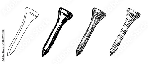 Four golf tees are depicted in various artistic styles, showcasing different drawing techniques and textures.