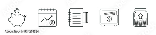 Financial money management business banking icons set representing savings, investment, security, and growth concepts in a clean outline style.