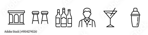 Bar counter, stools, bottles, bartender, glass, shaker icons represent a complete set of elements for a modern pub or restaurant.