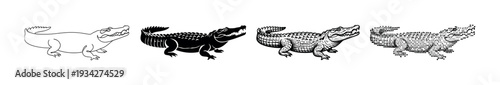 Four different stylized alligator crocodile illustrations in various art styles depicting the powerful reptile.