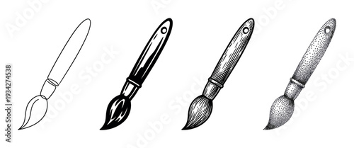Paintbrushes are illustrated in four distinct artistic graphic styles, from simple outline to detailed stippling.