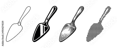 Cake server kitchen utensil for serving desserts is depicted in various artistic styles and graphic representations.