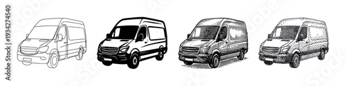 Collection of commercial delivery van illustrations in various artistic styles for logistics and transport concepts.