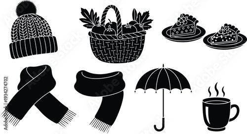 Flat design overhead composition of winter hat scarf umbrella steaming cup slices of cake and fruit basket isolated on white background minimal black silhouette icons set