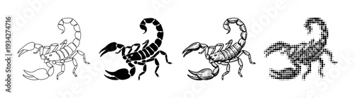 Four different stylized scorpion illustrations in black and white, showcasing various artistic interpretations of the arachnid.