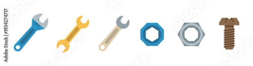 Various wrenches, nuts, and a screw are neatly arranged in a horizontal row, representing essential hardware and repair tools.