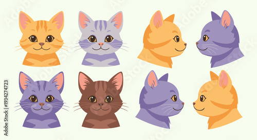 Collection of cute cartoon cat heads in various colors and poses, including front and side views of orange, grey, purple, and brown felines.