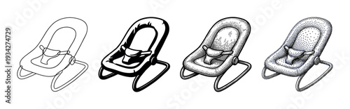 Four different styles of baby bouncers are illustrated in a classic black and white hand-drawn engraving style.