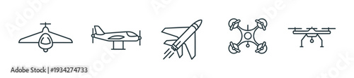 Flying vehicles and aircraft icons representing various modes of air transportation and modern technology.