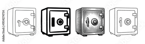 Four different styles of secure metal safes are depicted in a collection of black and white illustrations representing protection and wealth.