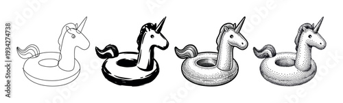 Unicorn pool float drawings in different artistic styles including line art, brush stroke, engraving, and stippling.