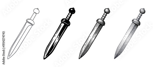 Ancient Roman gladius swords are illustrated in multiple distinct graphic styles, including outline and stipple.