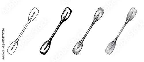 Four different styles of a canoe paddle are displayed in a row, featuring various artistic renditions.