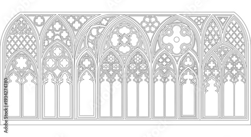 Intricate Gothic architectural tracery design with multiple arched sections and detailed geometric patterns, rendered in a monochrome style.