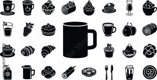 Flat design breakfast and coffee icon set close up large central mug surrounded by croissant cupcake pastry plate fork knife steaming cup black silhouette vector