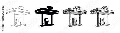 Collection of distinct graphic styles illustrating a vintage gas pump beneath a station roof, representing energy and transportation.