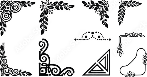 Minimalist vector corner ornaments set showing floral swirls and geometric frames in closeup black outline flat design with leaf motifs top left bottom right variations elegant