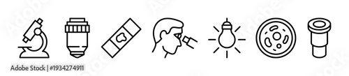 Science laboratory medical research biology experiment icons illustrate various tools and processes used in scientific discovery and healthcare.