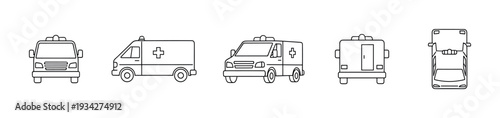 Ambulance vehicle icons set showing various perspectives, including front, side, and top views, for medical transport.
