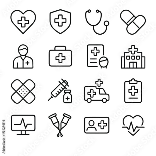 Collection of medical icons depicting healthcare symbols tools and facilities in outline style high quality