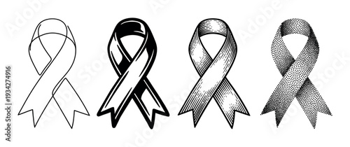 Four different styles of awareness ribbons are depicted in black and white, illustrating various artistic techniques for design.