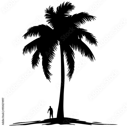 A person stands under a tall palm tree on a small island
