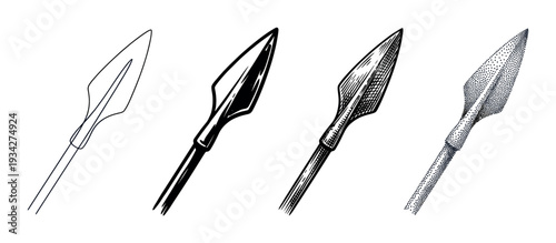 Four different stylized spearhead illustrations in various artistic styles showcasing ancient weapon designs and historical warfare concepts.