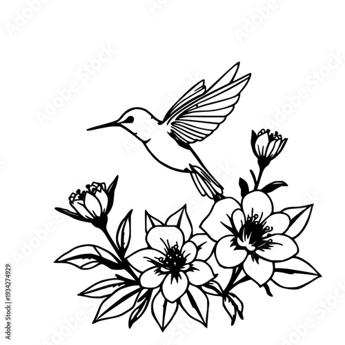Black silhouette hummingbird mid‑flight detailed wings hovering near blooming flowers and flowing leaves, elegant refined composition