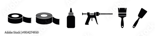 Various repair and construction tools and materials are neatly arranged in a black and white icon set for home improvement.