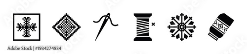 Crafts, sewing, and knitting related pixel icons are displayed in a neat row, representing traditional textile arts.