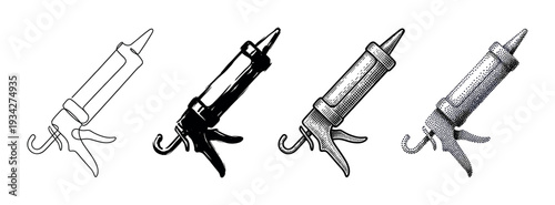Caulk gun tool set with various artistic styles including line art, silhouette, engraving, and stipple.
