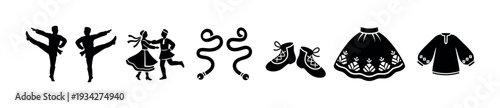 Collection of folk dance figures and traditional costume elements in a graphic style, showcasing cultural heritage and artistic movement.