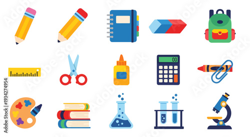 School supplies and science laboratory equipment flat vector icons set on white background