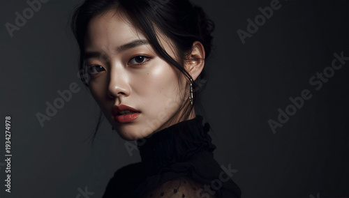 ムーディーな光で描く黒いシースルー衣装の日本人女性スタジオポートレート