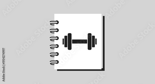 A simple graphic illustration of a spiral-bound notebook with a black dumbbell icon on its white page, set against a light gray background.