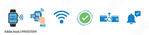 Digital payment transaction icons representing modern financial technology and secure mobile commerce solutions.