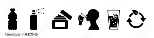 Comprehensive set of black silhouette icons illustrating essential daily life elements like hydration, personal care, and environmental sustainability.