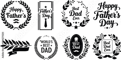 Vintage badge style fathers day wreath emblems set eight black vector labels with mustache ribbon close up flat ornamental typography design minimalist monogram circular laurel ink