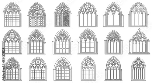 Collection of various gothic arched windows with intricate tracery designs and decorative elements in outline style.