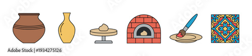 Pottery making process elements including clay, wheel, kiln, glaze, and decorative tile art illustration.