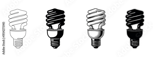 Compact fluorescent light bulb energy saving lamp presented in various artistic styles including outline, solid, engraving, and halftone.