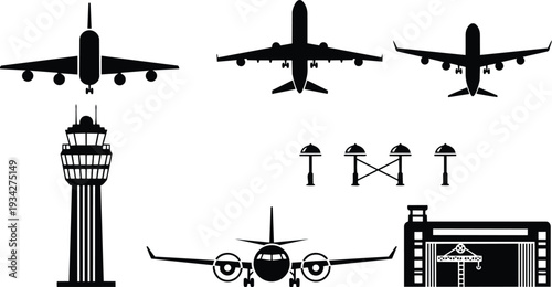 Minimalist vector front view airplane and airport control tower icons set including landing aircraft tarmac hangar runway lights front angle silhouette flat design svg png mockup