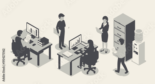 Isometric illustration of an office environment with multiple employees working at desks and interacting, featuring computers, charts, and filing cabinets.